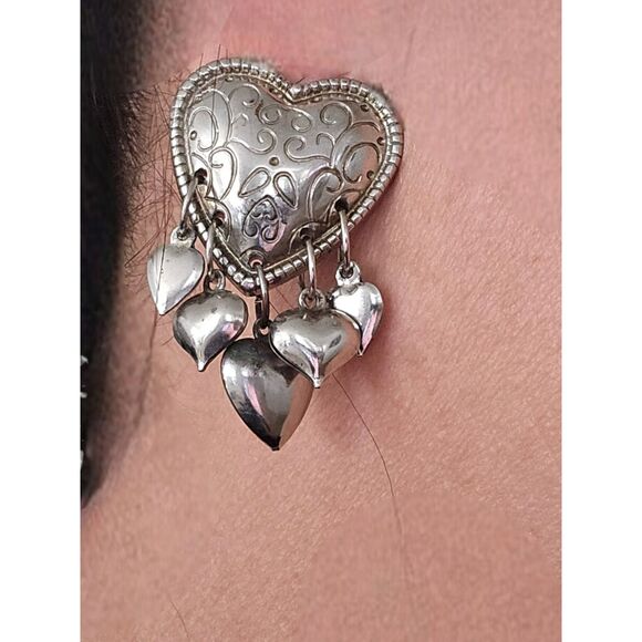 Heart Scroll Dangle Drop Puffed Heart Pierced Post Earrings - Picture 1 of 3